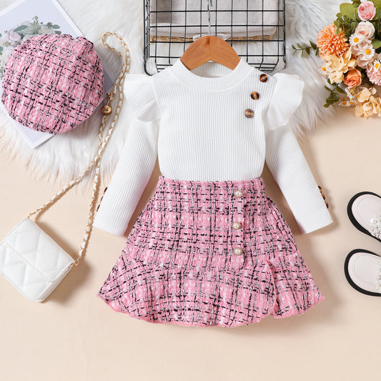 Sunken Stripe Flying Sleeve Top with Plaid Fishtail Skirt + Hat Set