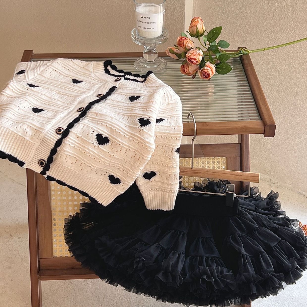 Love Sweater Cardigan with Skirt Set