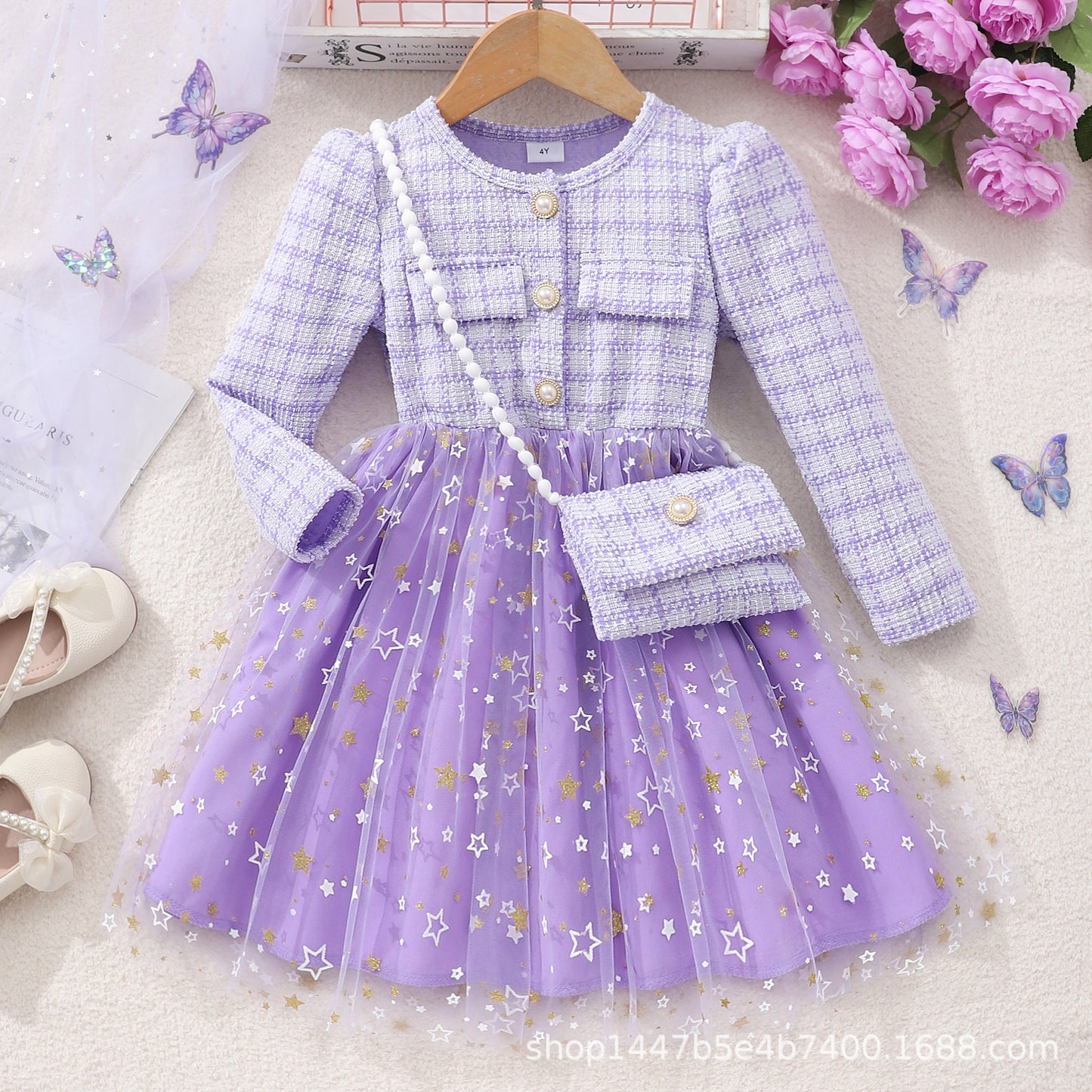 Long Sleeve Lady Star Mesh Dress