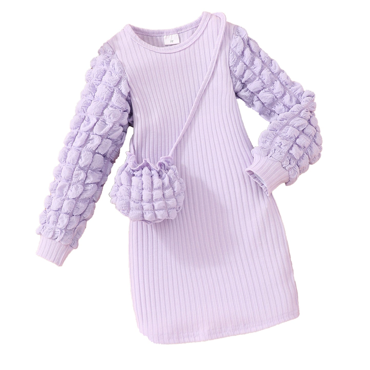 Bubble Sleeve Sunken Stripe Dress