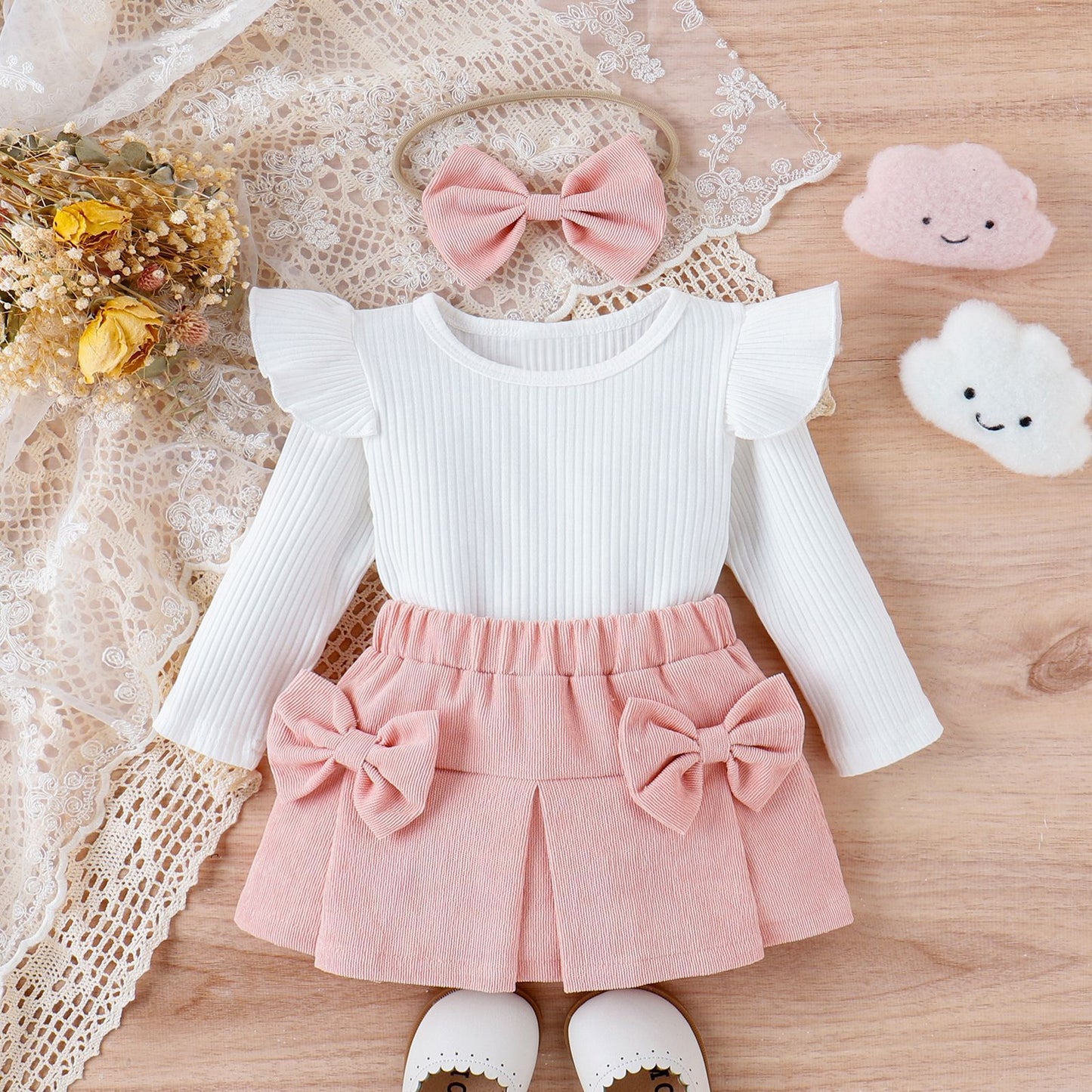 Lace Bowknot Short Dress With Headdress Three-piece Set