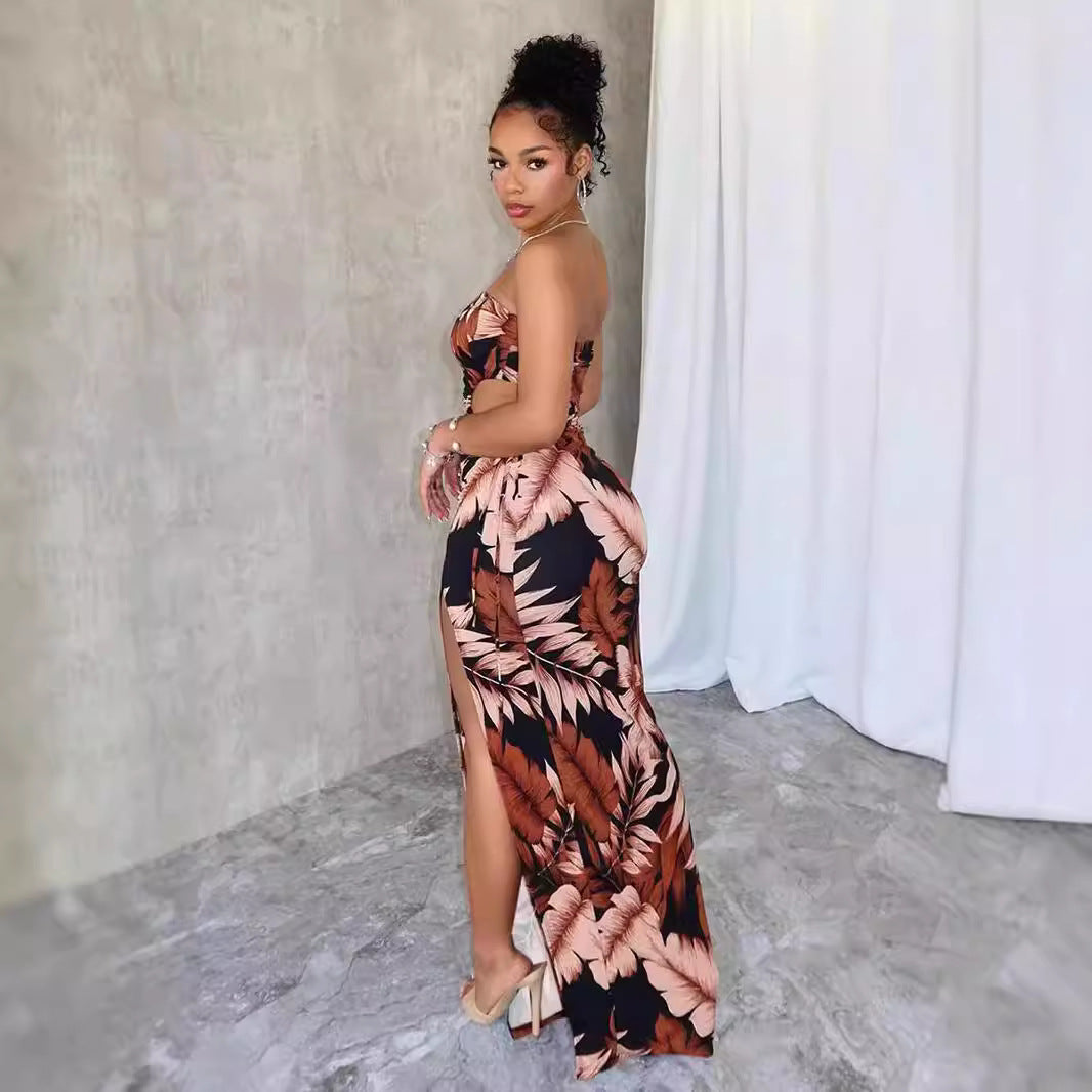 Wrapped Chest Flower Print High Slit Long Dress