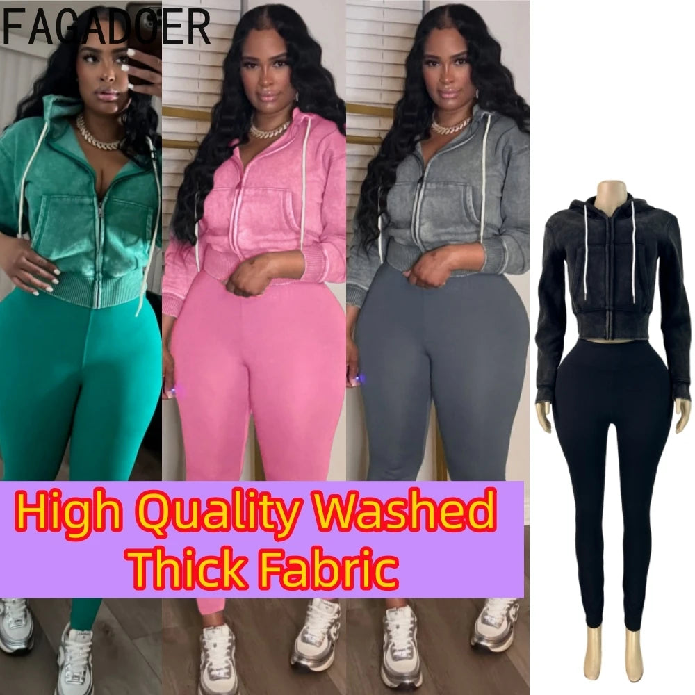 FAGADOER Washed Hooded Crop Top And Skinny Pants Outfits 2PCS Set