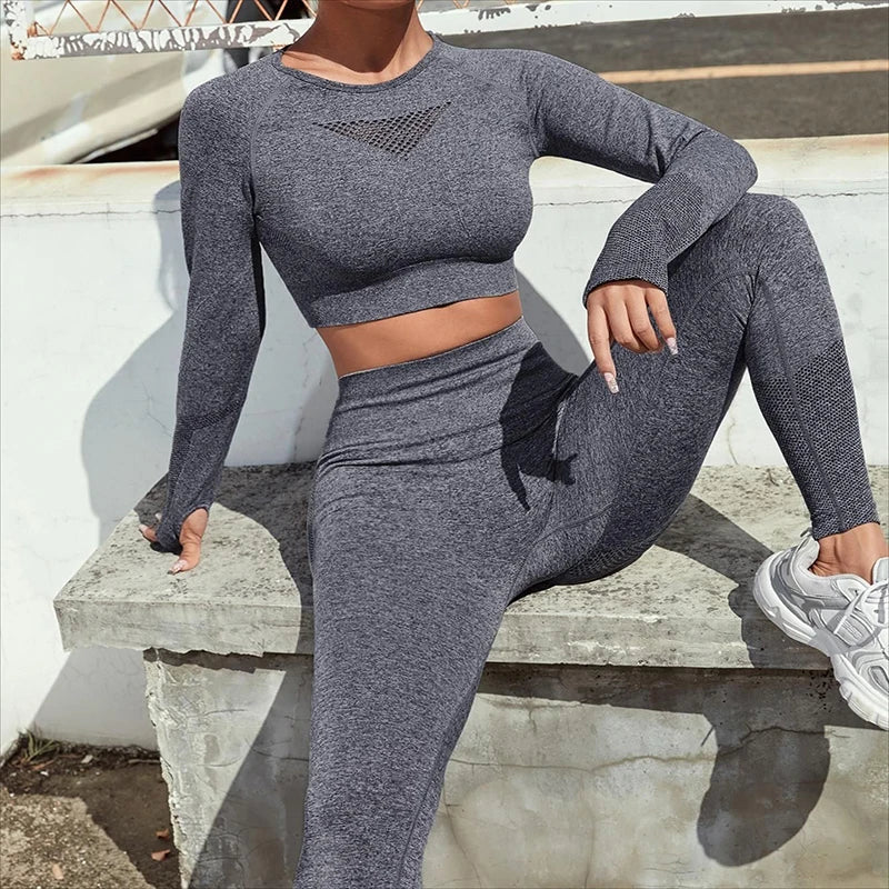 Seamless Wear Back Hollow Long Sleeve Sports Yoga 2 PCS Set
