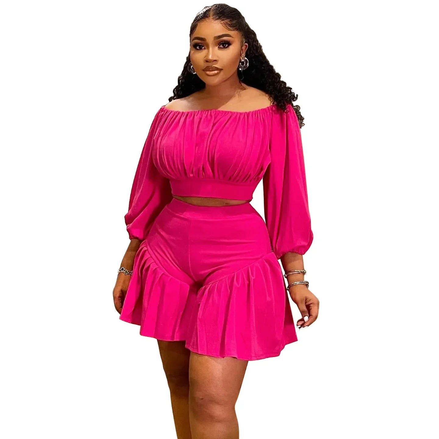 CM.YAYA Long Sleeve Slash Neck T-Shirt and Shorts Two 2 Piece Set - Plus Size