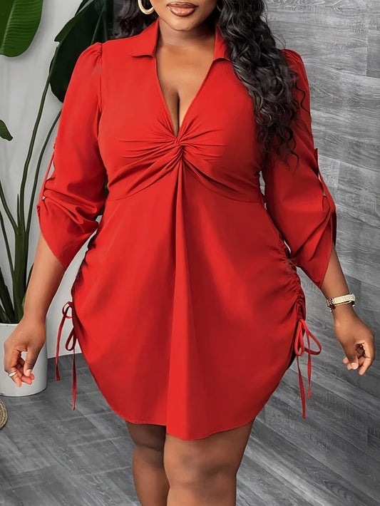 Long Sleeve Twisted Front Waist Drawstring Shirt Dress - Plus Size
