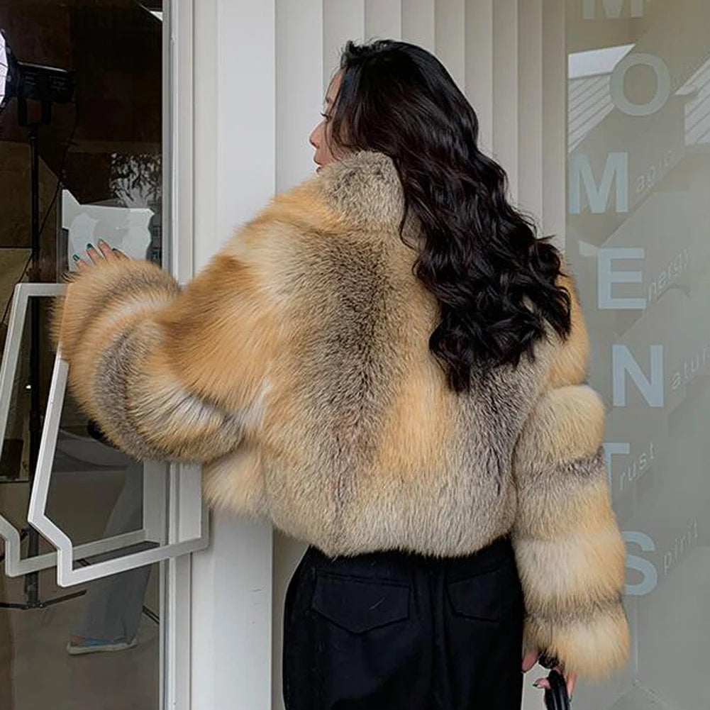 Denny & Dora Thick Natural Real Fox Fur Coat Whole Skin Jackets With Fur Collar