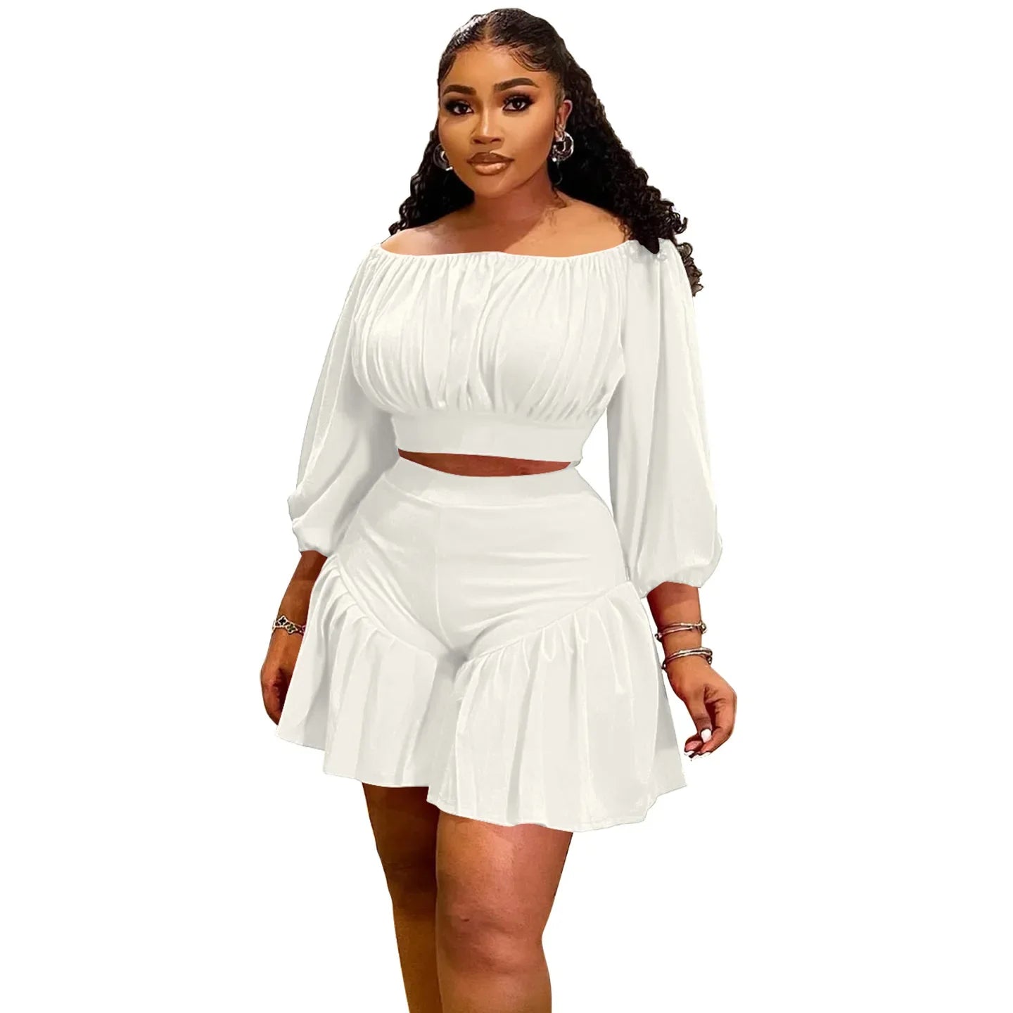 CM.YAYA Long Sleeve Slash Neck T-Shirt and Shorts Two 2 Piece Set - Plus Size