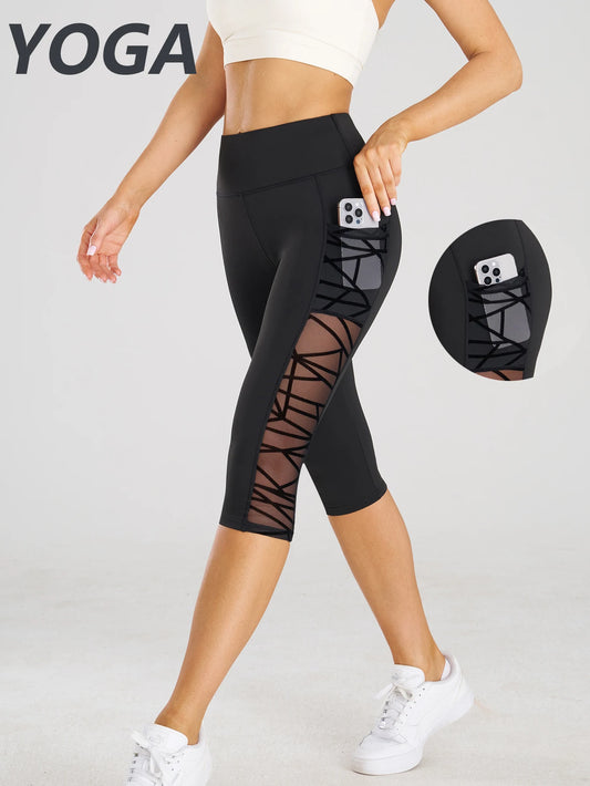 High Waist Sports Fitness Yoga Cross Mesh Stitch Capri Leggings with Pockets