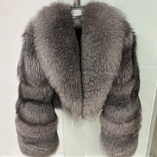YOLOAgain Natural Real Fox Fur Cropped Jacket - Grey