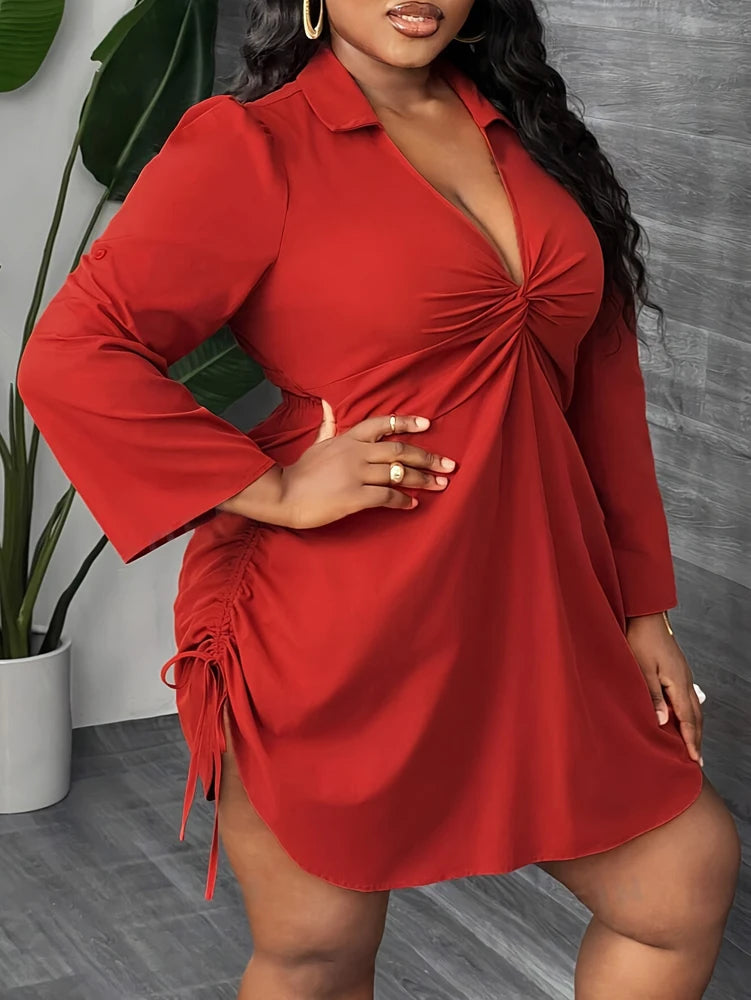 Long Sleeve Twisted Front Waist Drawstring Shirt Dress - Plus Size