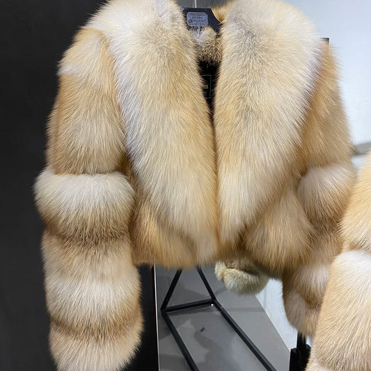 YOLOAgain Natural Real Fox Fur Cropped Jacket - Beige