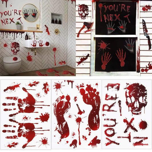 Halloween Bloody Handprint Window Stickers Horror Bloodstain Wall Sticker Haunted House Prop Halloween Party Floor Clings Decor