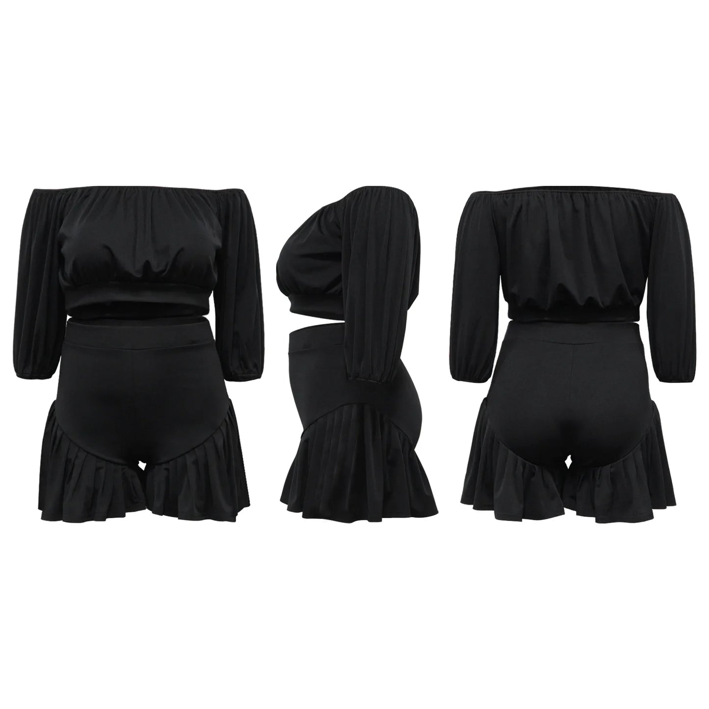CM.YAYA Long Sleeve Slash Neck T-Shirt and Shorts Two 2 Piece Set - Plus Size
