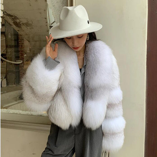 Denny & Dora Thick Natural Real Fox Fur Coat Whole Skin Jackets With Fur Collar