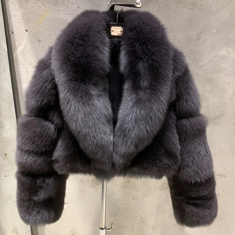 Natural Real Fox Fur Short Coat with Collar