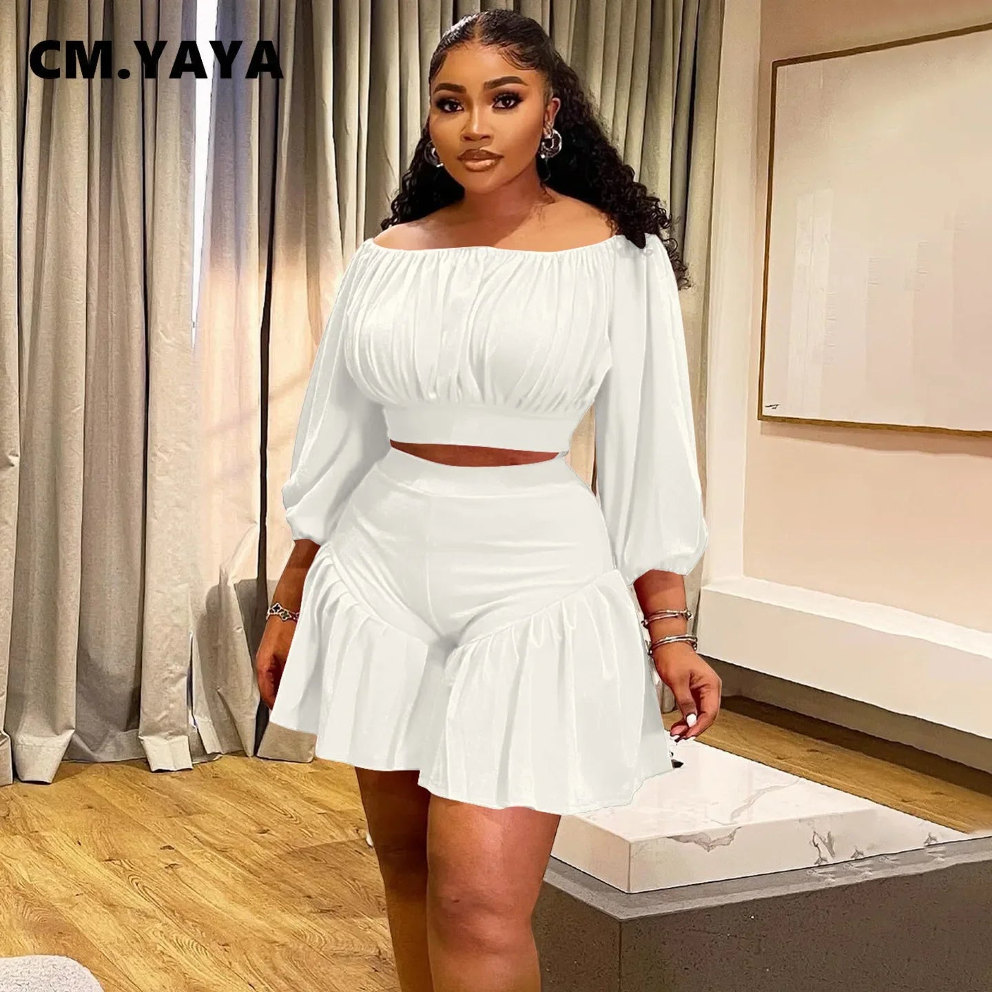 CM.YAYA Long Sleeve Slash Neck T-Shirt and Shorts Two 2 Piece Set - Plus Size