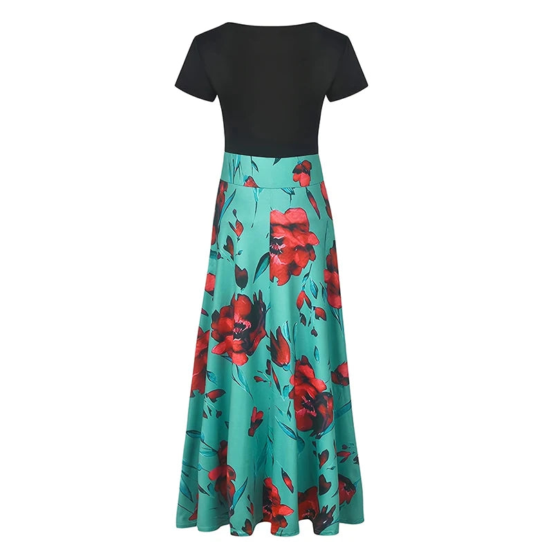 Printed Splicing Crew Neck Short Sleeve Slim Waist Pleated Maxi Dress