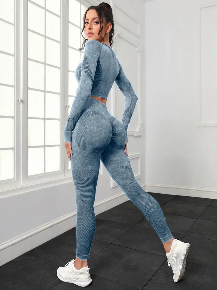 Acid Wash Women Seamless Long Sleeve Gym Set 2Pcs