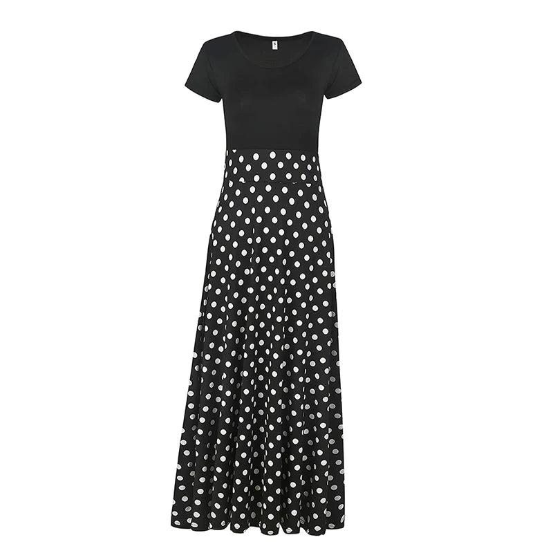 Printed Splicing Crew Neck Short Sleeve Slim Waist Pleated Maxi Dress
