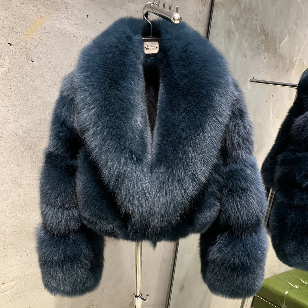 Natural Real Fox Fur Short Coat with Collar