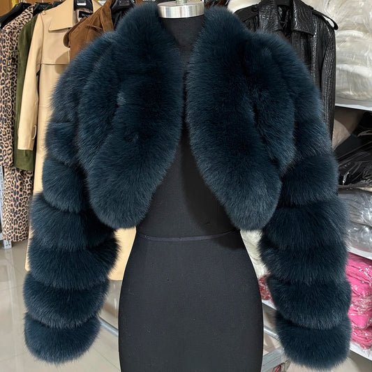 YOLOAgain Real Fox Fur Long Sleeve Crooped Jacket