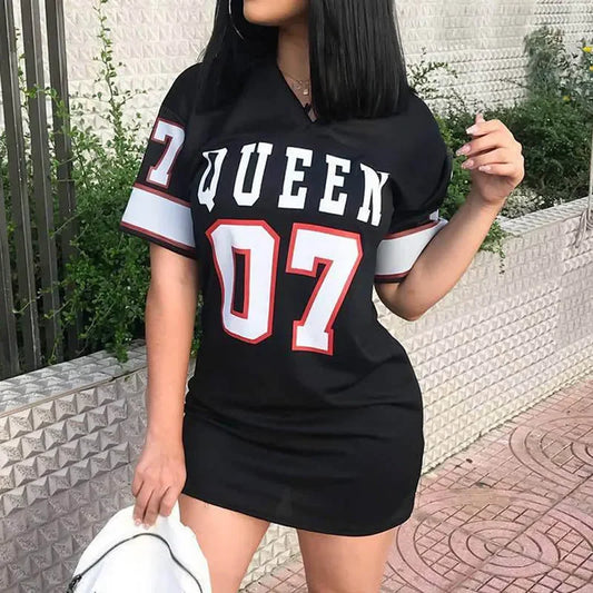 Queen 07 Letter Printed Mid-length T-Shirt Dress