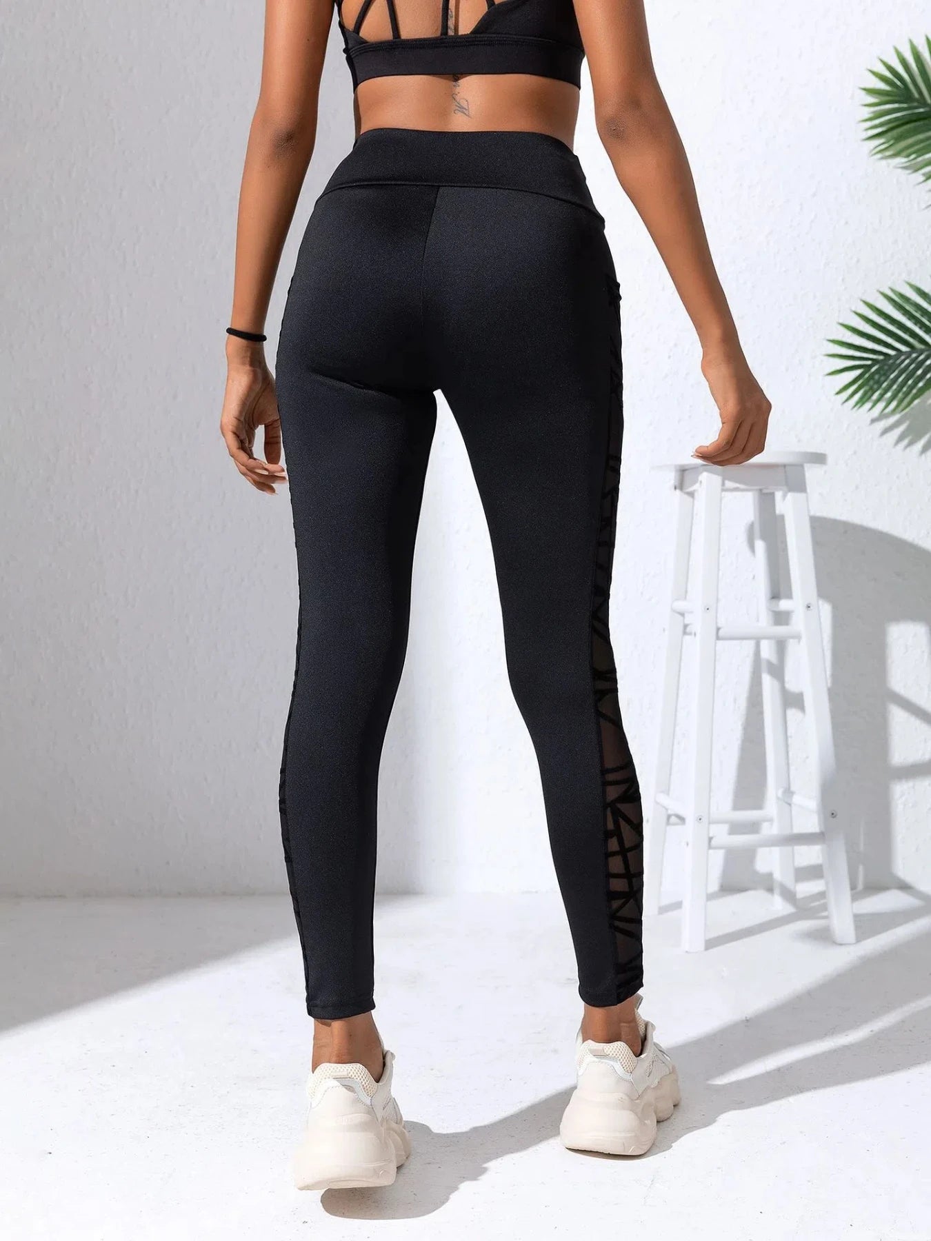 Black Fabric Patchwork High Waist Side Mesh Yoga Leggings