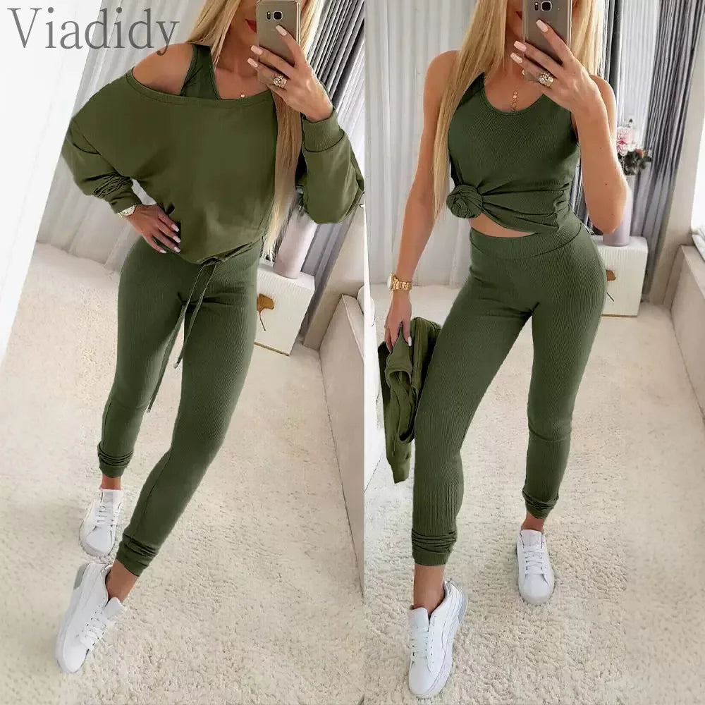 Long Sleeve Pullover Top and High Waist Pencil Pants with Camisole Top 3pcs Set
