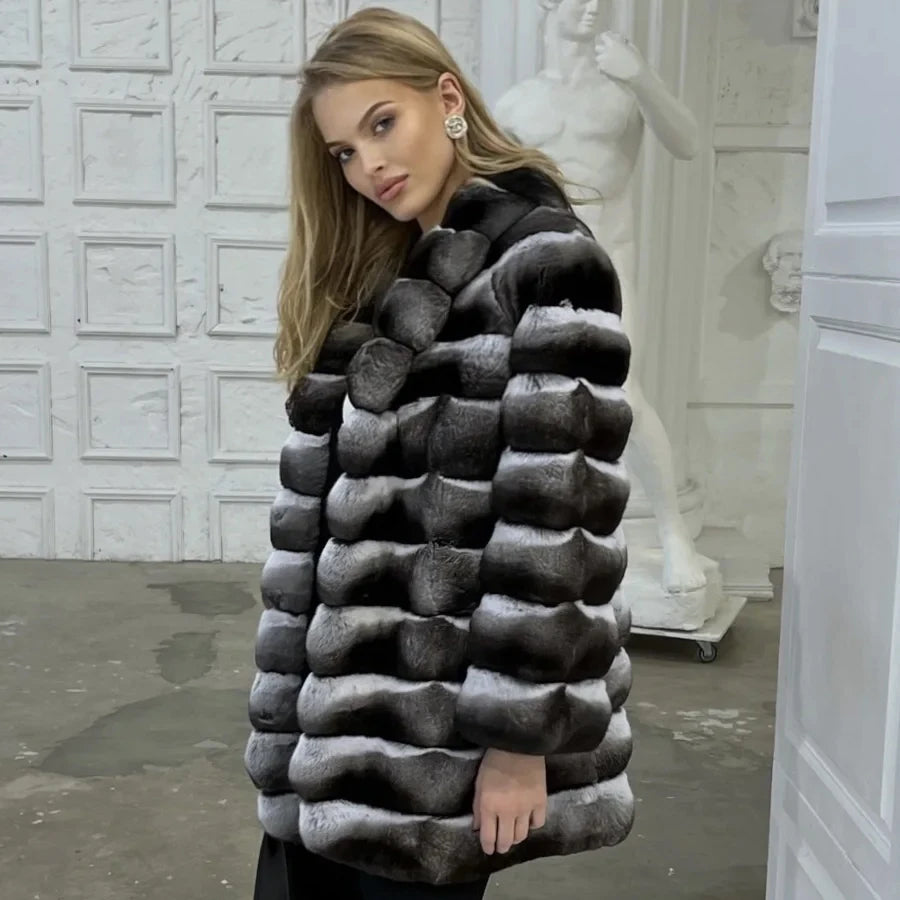 Natural Real Rex Rabbit Fur Coat With Fur Collar