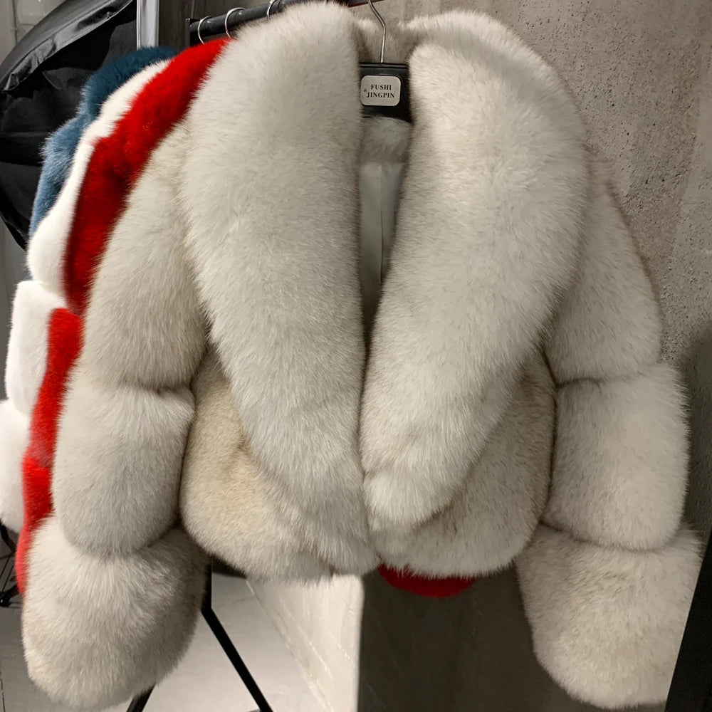 Natural Real Fox Fur Short Coat with Collar