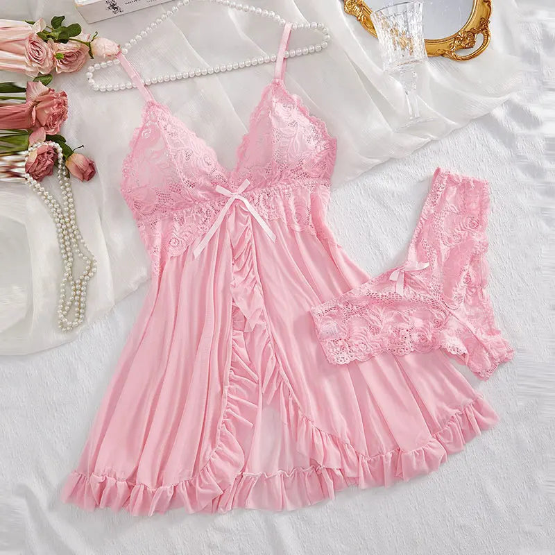 V-neck Bra Open Sleep Skirt Nightgown Lingerie Set