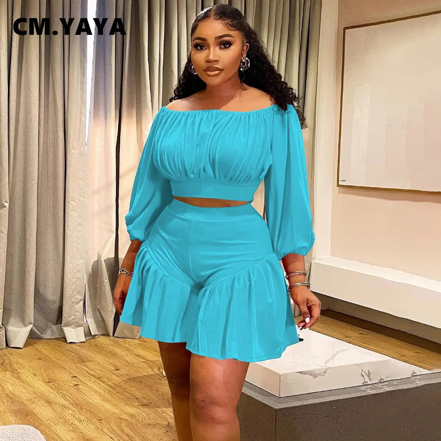 CM.YAYA Long Sleeve Slash Neck T-Shirt and Shorts Two 2 Piece Set - Plus Size