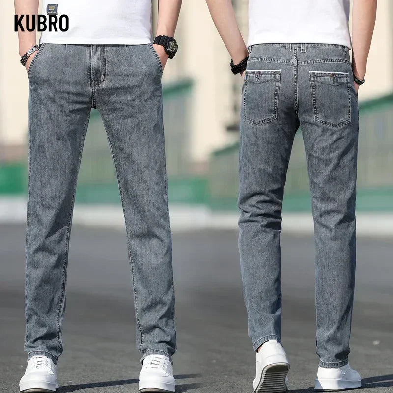 Loose Stretch Gray Stretch Straight-leg Denim Jeans