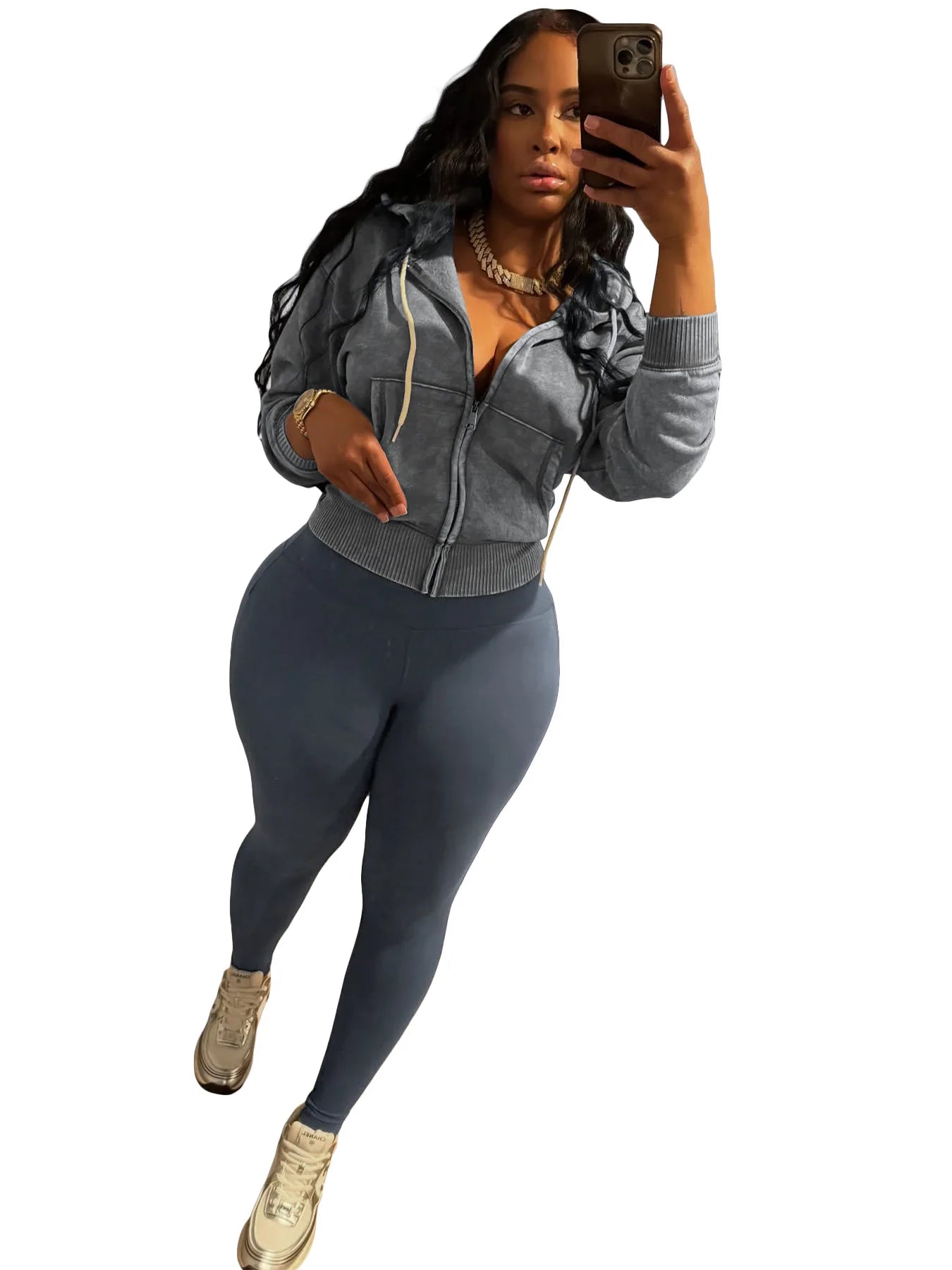 FAGADOER Washed Hooded Crop Top And Skinny Pants Outfits 2PCS Set