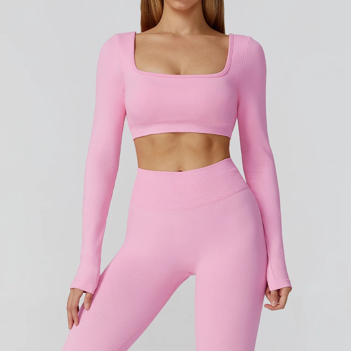 Seamless Quick Dry Crop Top Long Sleeve Yoga Set