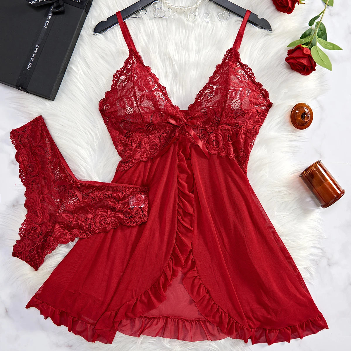 V-neck Bra Open Sleep Skirt Nightgown Lingerie Set