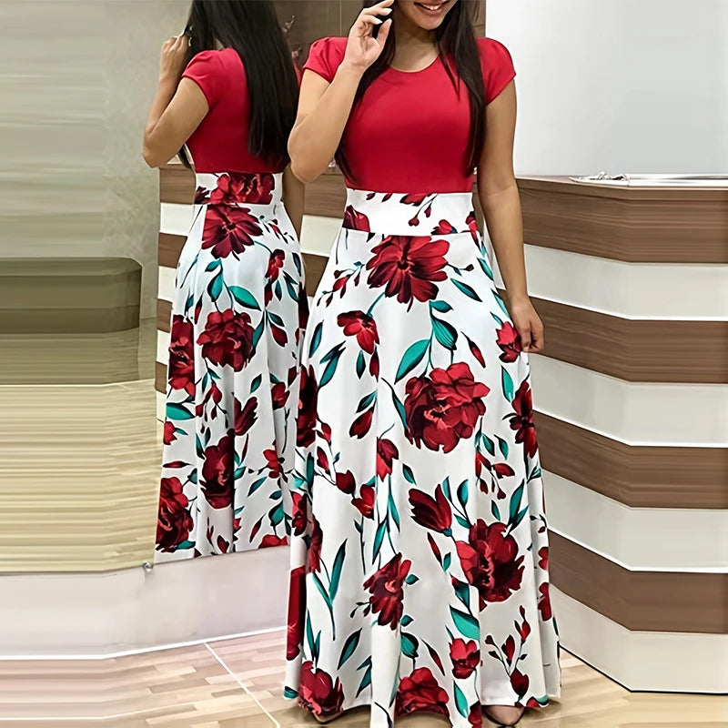 Printed Splicing Crew Neck Short Sleeve Slim Waist Pleated Maxi Dress