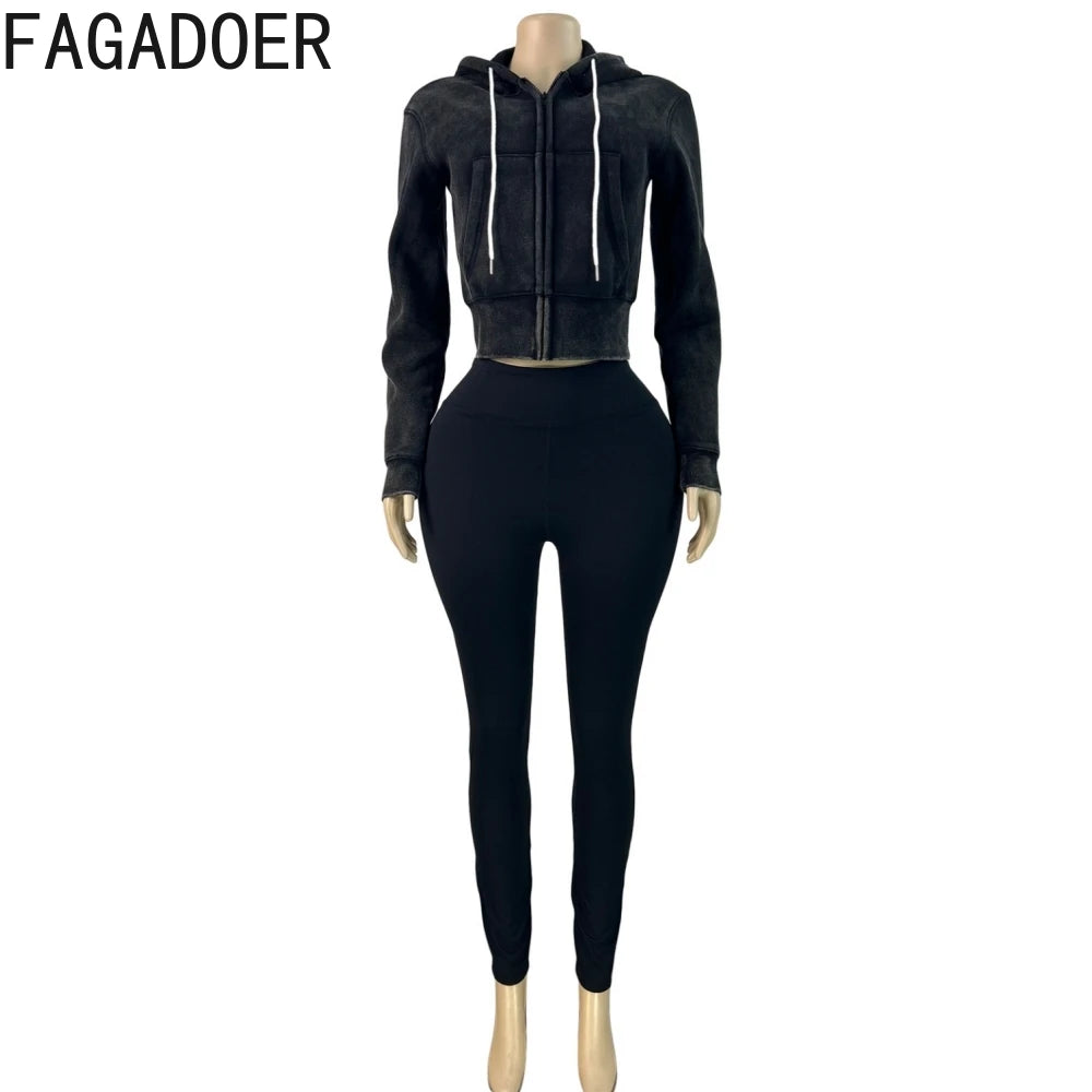 FAGADOER Washed Hooded Crop Top And Skinny Pants Outfits 2PCS Set