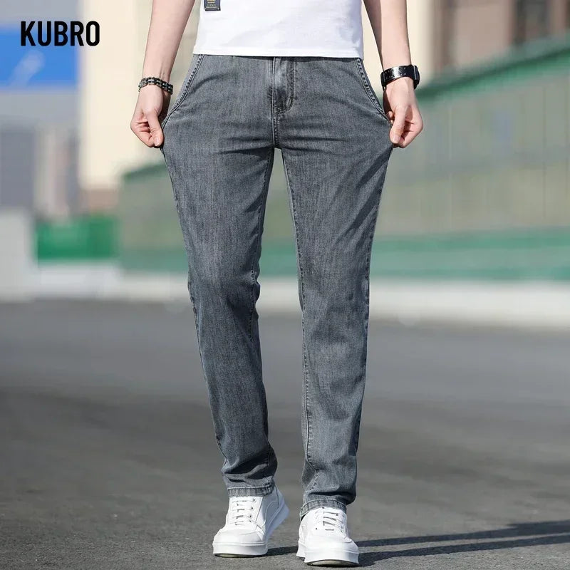 Loose Stretch Gray Stretch Straight-leg Denim Jeans