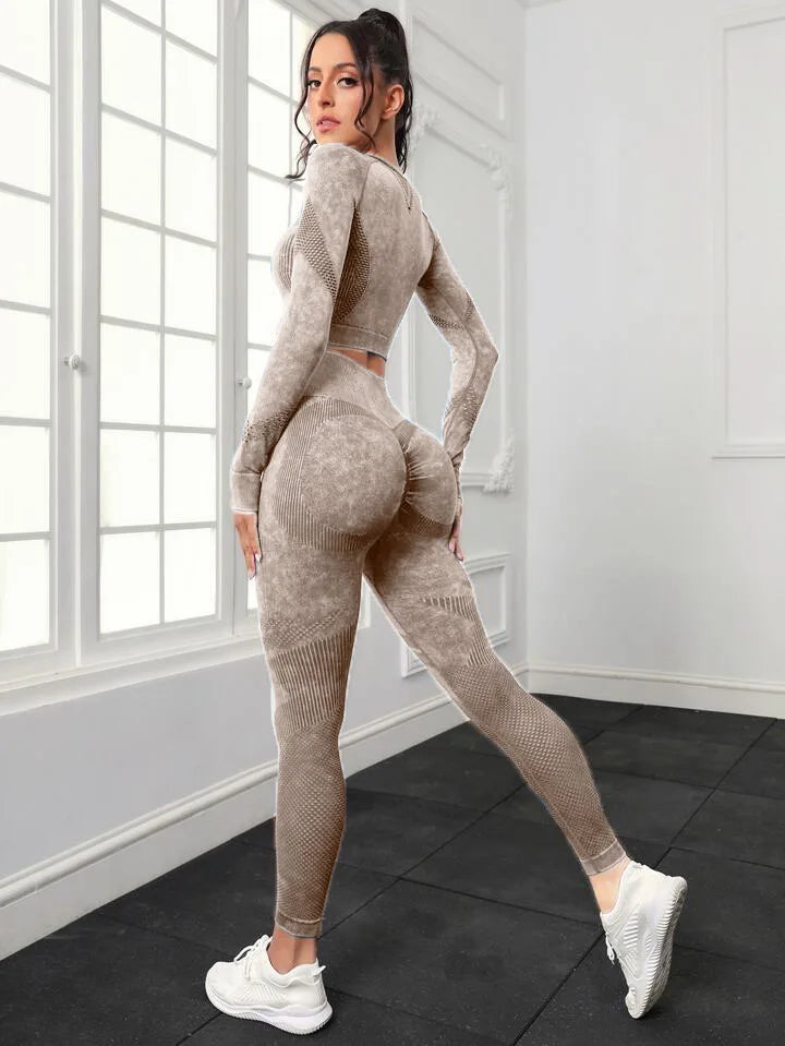 Acid Wash Women Seamless Long Sleeve Gym Set 2Pcs