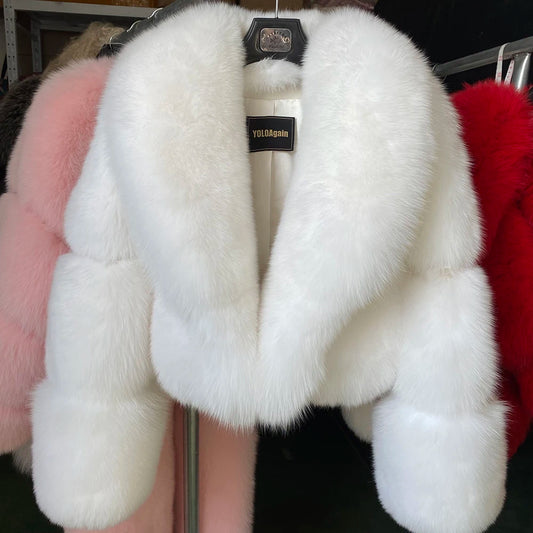 YOLOAgain Natural  Real Fox Fur Cropped Jacket - White