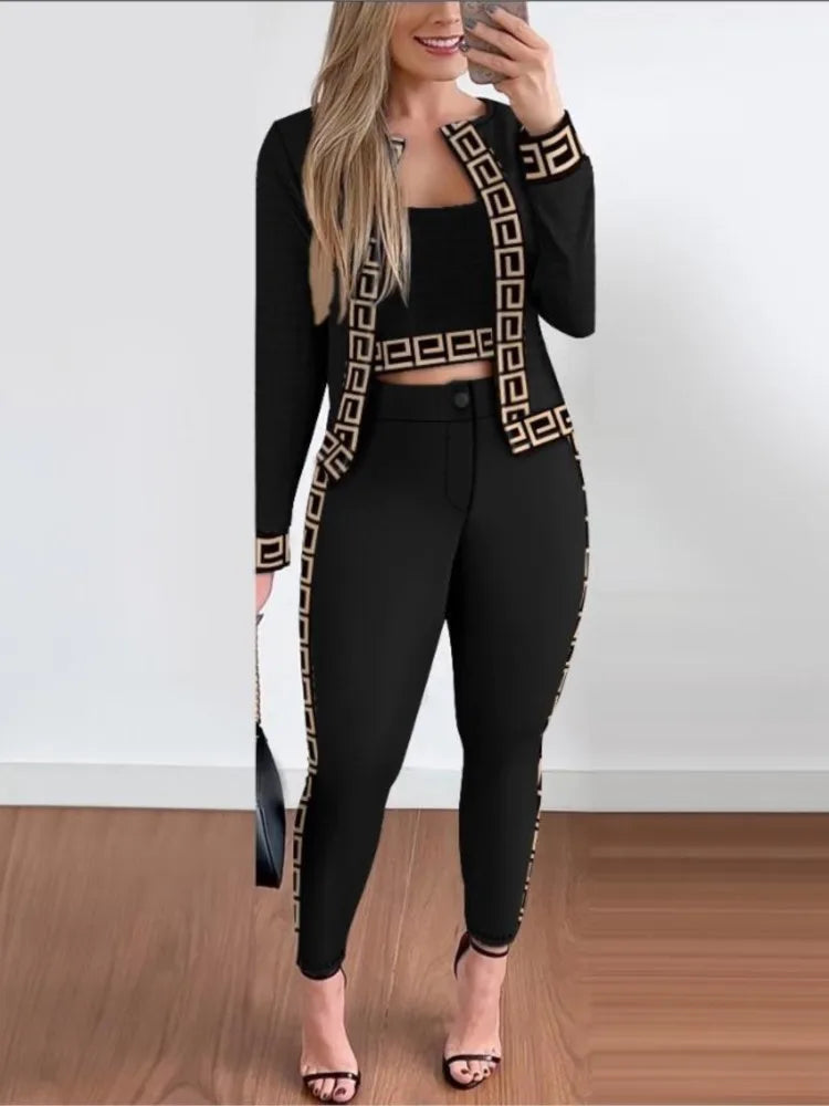 Long Sleeve Coat Camisole Slim Trousers Three Piece Set