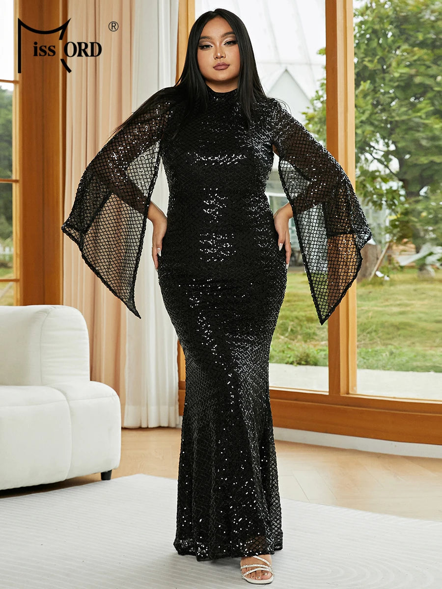 Missord Sequin Turtleneck Split Long Sleeve Maxi Evening Gown - Plus Size