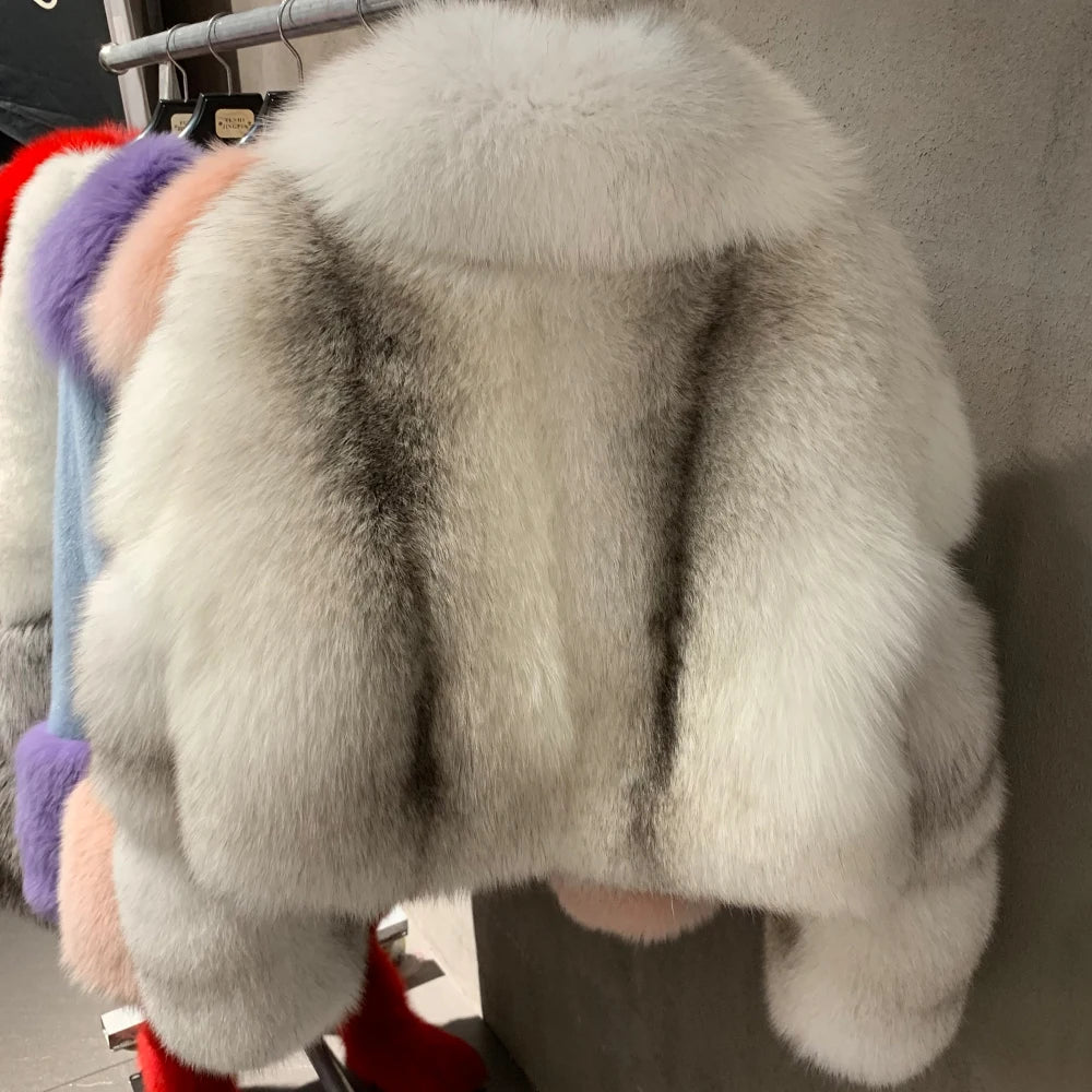 Natural Real Fox Fur Short Coat with Collar
