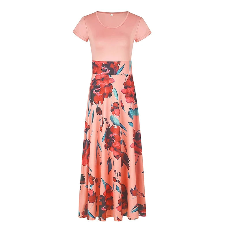 Printed Splicing Crew Neck Short Sleeve Slim Waist Pleated Maxi Dress