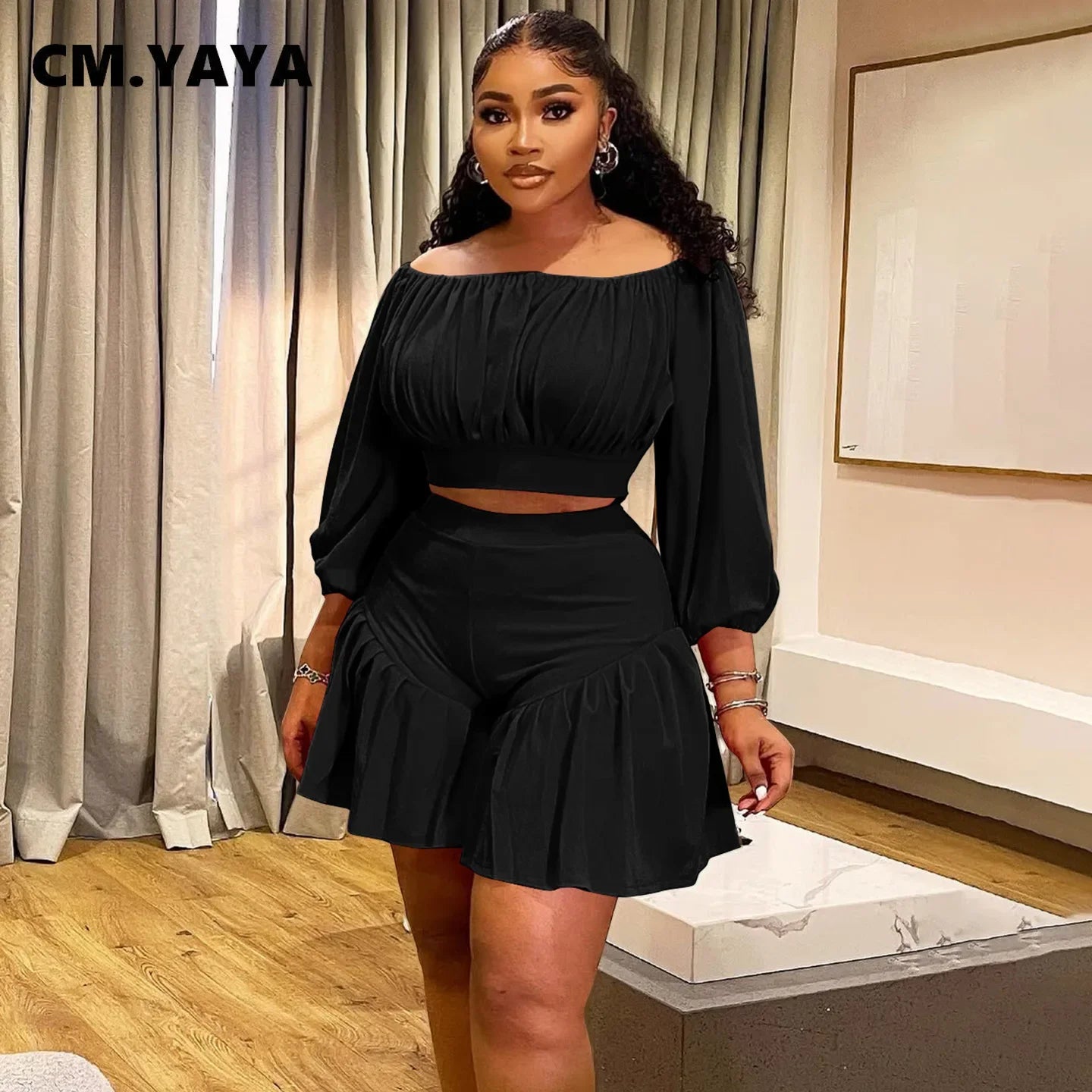 CM.YAYA Long Sleeve Slash Neck T-Shirt and Shorts Two 2 Piece Set - Plus Size