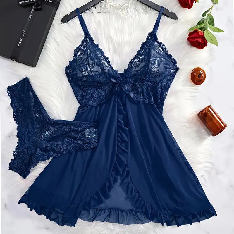 V-neck Bra Open Sleep Skirt Nightgown Lingerie Set