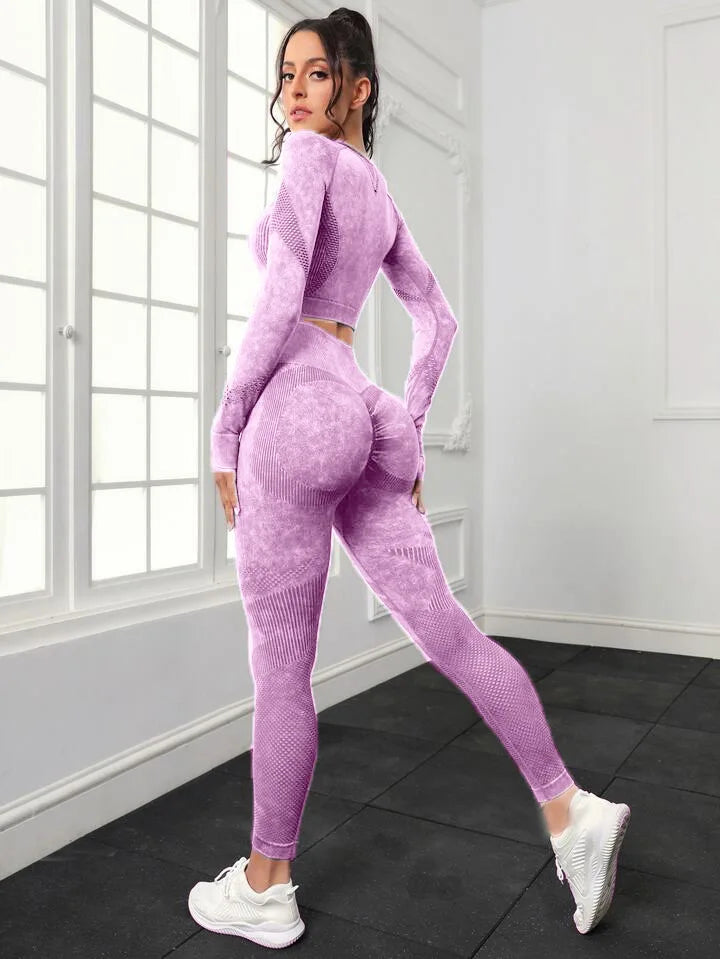 Acid Wash Women Seamless Long Sleeve Gym Set 2Pcs