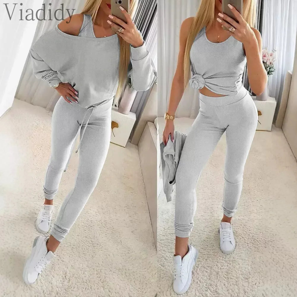 Long Sleeve Pullover Top and High Waist Pencil Pants with Camisole Top 3pcs Set
